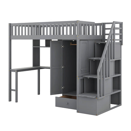 Bunk Beds Twin Size Loft Bed With Bookshelf Drawers Desk And Gray Wardrobe F413 - Lusy Store