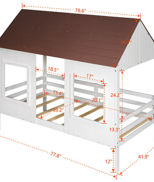 Bunk Beds Twin Size Low Loft Wood House Bed With Two Front Windows F421 - Lusy Store