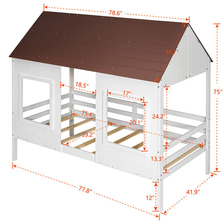 Bunk Beds Twin Size Low Loft Wood House Bed With Two Front Windows F421 - Lusy Store