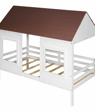 Bunk Beds Twin Size Low Loft Wood House Bed With Two Front Windows F421 - Lusy Store