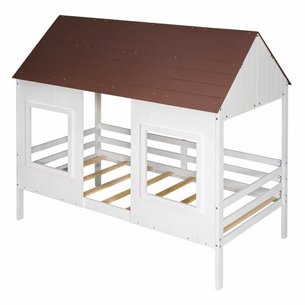 Bunk Beds Twin Size Low Loft Wood House Bed With Two Front Windows F421 - Lusy Store