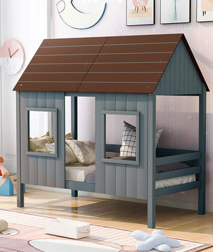 Bunk Beds Twin Size Low Loft Wood House Bed With Two Front Windows F421 - Lusy Store