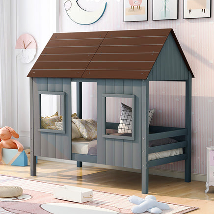 Bunk Beds Twin Size Low Loft Wood House Bed With Two Front Windows F421 - Lusy Store