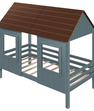 Bunk Beds Twin Size Low Loft Wood House Bed With Two Front Windows F421 - Lusy Store