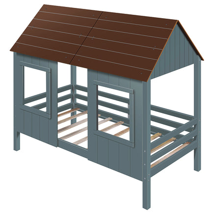 Bunk Beds Twin Size Low Loft Wood House Bed With Two Front Windows F421 - Lusy Store