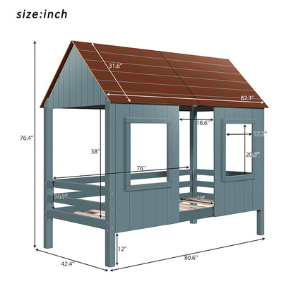 Bunk Beds Twin Size Low Loft Wood House Bed With Two Front Windows F421 - Lusy Store