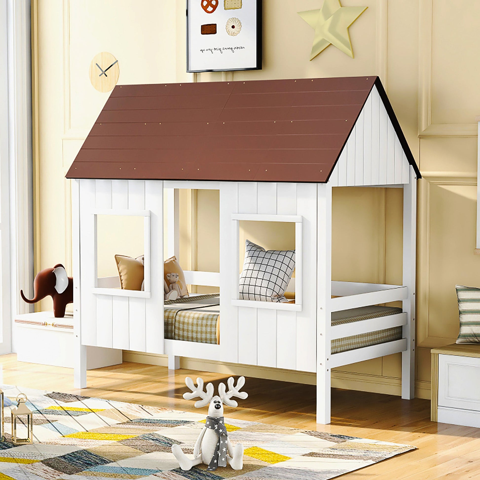 Bunk Beds Twin Size Low Loft Wood House Bed With Two Front Windows F421 - Lusy Store