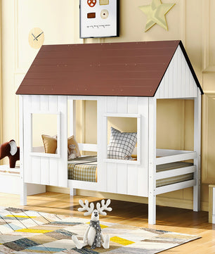 Bunk Beds Twin Size Low Loft Wood House Bed With Two Front Windows F421 - Lusy Store