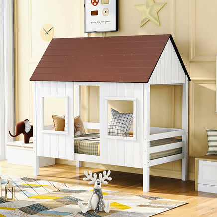 Bunk Beds Twin Size Low Loft Wood House Bed With Two Front Windows F421 - Lusy Store
