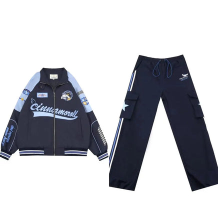 Cinnamoroll Bomber Jackets Y2K Casual Zipper Oversize Sanrio Women Blazers Student Coat and Pant Loose 2 set C
