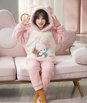Cinnamoroll Pajama Kuromi Kawaii My Melody Cartoon Plus Velvet Thicken Hooded Tracksuit Girl Festival Gift - Lusy Store LLC