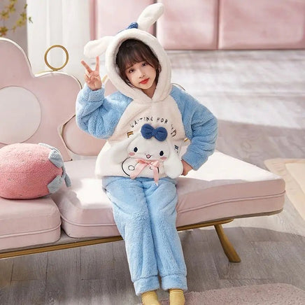 Cinnamoroll Pajama Kuromi Kawaii My Melody Cartoon Plus Velvet Thicken Hooded Tracksuit Girl Festival Gift - Lusy Store LLC