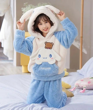 Cinnamoroll Pajama Kuromi Kawaii My Melody Cartoon Plus Velvet Thicken Hooded Tracksuit Girl Festival Gift - Lusy Store LLC