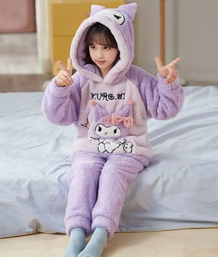 Cinnamoroll Pajama Kuromi Kawaii My Melody Cartoon Plus Velvet Thicken Hooded Tracksuit Girl Festival Gift - Lusy Store LLC