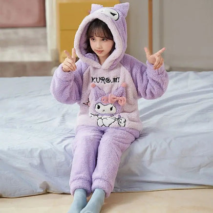 Cinnamoroll Pajama Kuromi Kawaii My Melody Cartoon Plus Velvet Thicken Hooded Tracksuit Girl Festival Gift - Lusy Store LLC