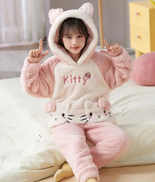 Cinnamoroll Pajama Kuromi Kawaii My Melody Cartoon Plus Velvet Thicken Hooded Tracksuit Girl Festival Gift - Lusy Store LLC