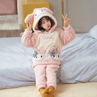 Cinnamoroll Pajama Kuromi Kawaii My Melody Cartoon Plus Velvet Thicken Hooded Tracksuit Girl Festival Gift - Lusy Store LLC