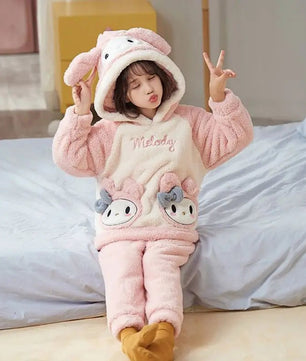 Cinnamoroll Pajama Kuromi Kawaii My Melody Cartoon Plus Velvet Thicken Hooded Tracksuit Girl Festival Gift - Lusy Store LLC