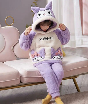 Cinnamoroll Pajama Kuromi Kawaii My Melody Cartoon Plus Velvet Thicken Hooded Tracksuit Girl Festival Gift - Lusy Store LLC