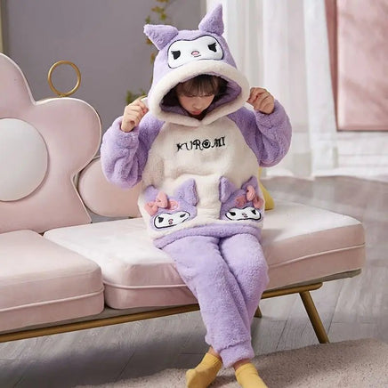 Cinnamoroll Pajama Kuromi Kawaii My Melody Cartoon Plus Velvet Thicken Hooded Tracksuit Girl Festival Gift - Lusy Store LLC