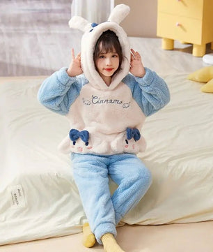 Cinnamoroll Pajama Kuromi Kawaii My Melody Cartoon Plus Velvet Thicken Hooded Tracksuit Girl Festival Gift - Lusy Store LLC