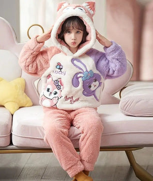 Cinnamoroll Pajama Kuromi Kawaii My Melody Cartoon Plus Velvet Thicken Hooded Tracksuit Girl Festival Gift - Lusy Store LLC
