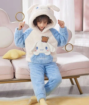 Cinnamoroll Pajama Kuromi Kawaii My Melody Cartoon Plus Velvet Thicken Hooded Tracksuit Girl Festival Gift - Lusy Store LLC