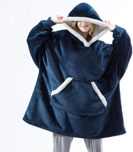 Comfy Hooded Blanket Winter Oversized With Sleeves Warm Blanket Fleece Comfortable Hooded Robe Blue