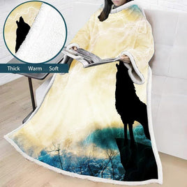 Comfy Hooded Blanket Wolf Winter Thick Blanket Comfortable TV Blankets For Sofa Bed Travel Bed Yellow
