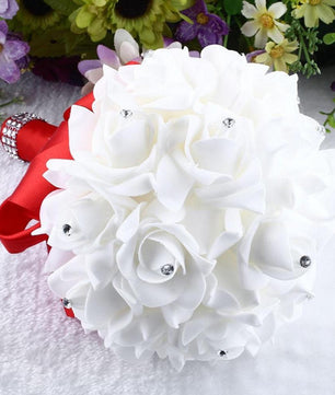 Crystal Roses Pearl Bridesmaid Wedding Bouquet Bridal Artificial Silk Flowers - Lusy Store