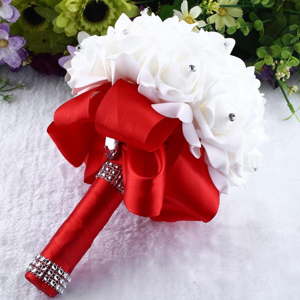 Crystal Roses Pearl Bridesmaid Wedding Bouquet Bridal Artificial Silk Flowers - Lusy Store