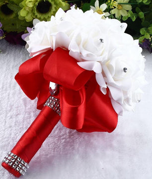 Crystal Roses Pearl Bridesmaid Wedding Bouquet Bridal Artificial Silk Flowers - Lusy Store