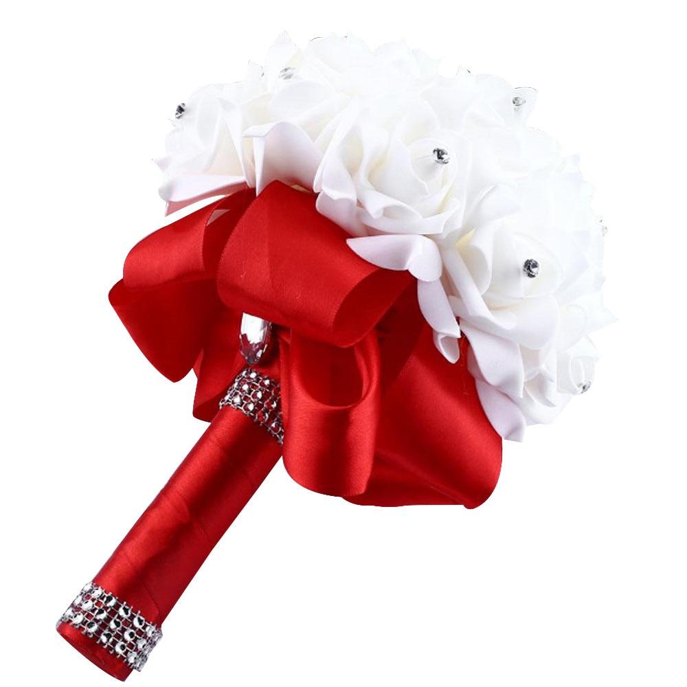 Crystal Roses Pearl Bridesmaid Wedding Bouquet Bridal Artificial Silk Flowers - Lusy Store