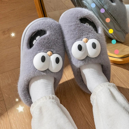 Cute Slippers Home Cotton Women Anti-Skid Warm Thick Soles Plush Upper Rainproof Cloth For External Wear Dark Grey