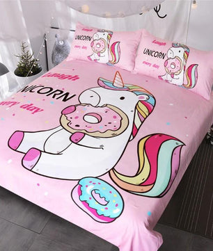 Cute Unicorn Bedding Sets Duvet Cover Rainbow Hair Kids Bedding Sets Colorful Pink Blue Girly Bedspreads Donuts - Lusy Store
