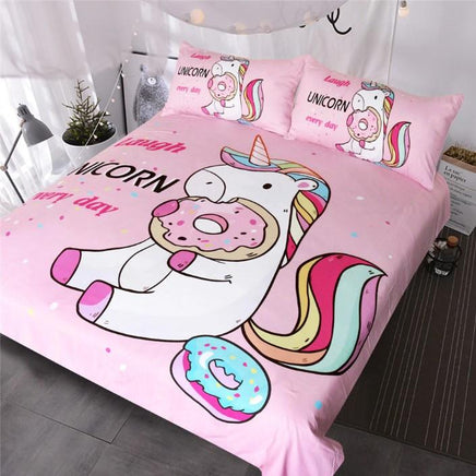 Cute Unicorn Bedding Sets Duvet Cover Rainbow Hair Kids Bedding Sets Colorful Pink Blue Girly Bedspreads Donuts - Lusy Store
