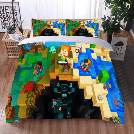 Deep Dark Minecraft Bed Sheets Steve Deep Dark Worlds Duvet Covers Twin Full Queen King Colorful Bed Set - Lusy Store