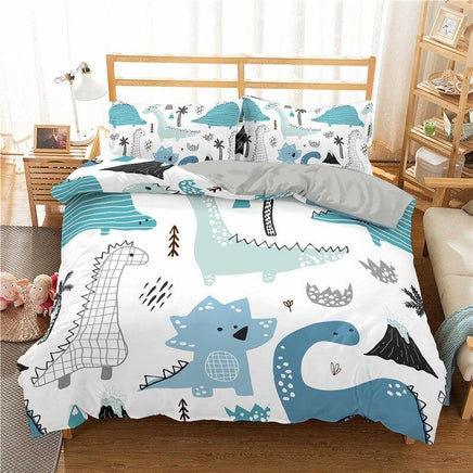 Dinosaur Bedding 3D Family Cartoon Printed Bedding Sets For Kids White Blue
