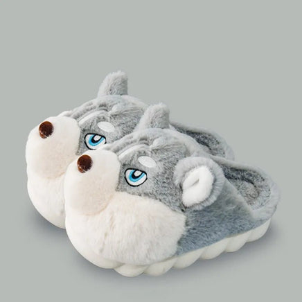Dog Slippers Warm Indoor For Women Men Soft Faux Fur Home Shoes Cute Puppy Shape Platform Plush Slippers Gray A