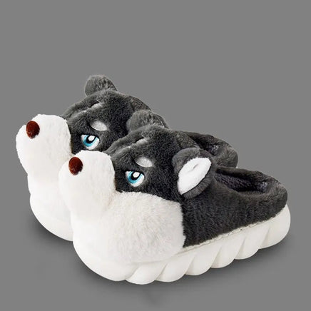 Dog Slippers Warm Indoor For Women Men Soft Faux Fur Home Shoes Cute Puppy Shape Platform Plush Slippers Black A