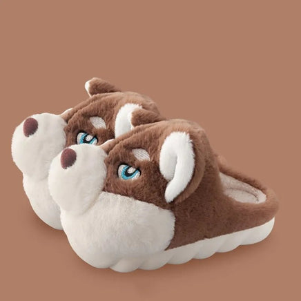 Dog Slippers Warm Indoor For Women Men Soft Faux Fur Home Shoes Cute Puppy Shape Platform Plush Slippers Khaki A