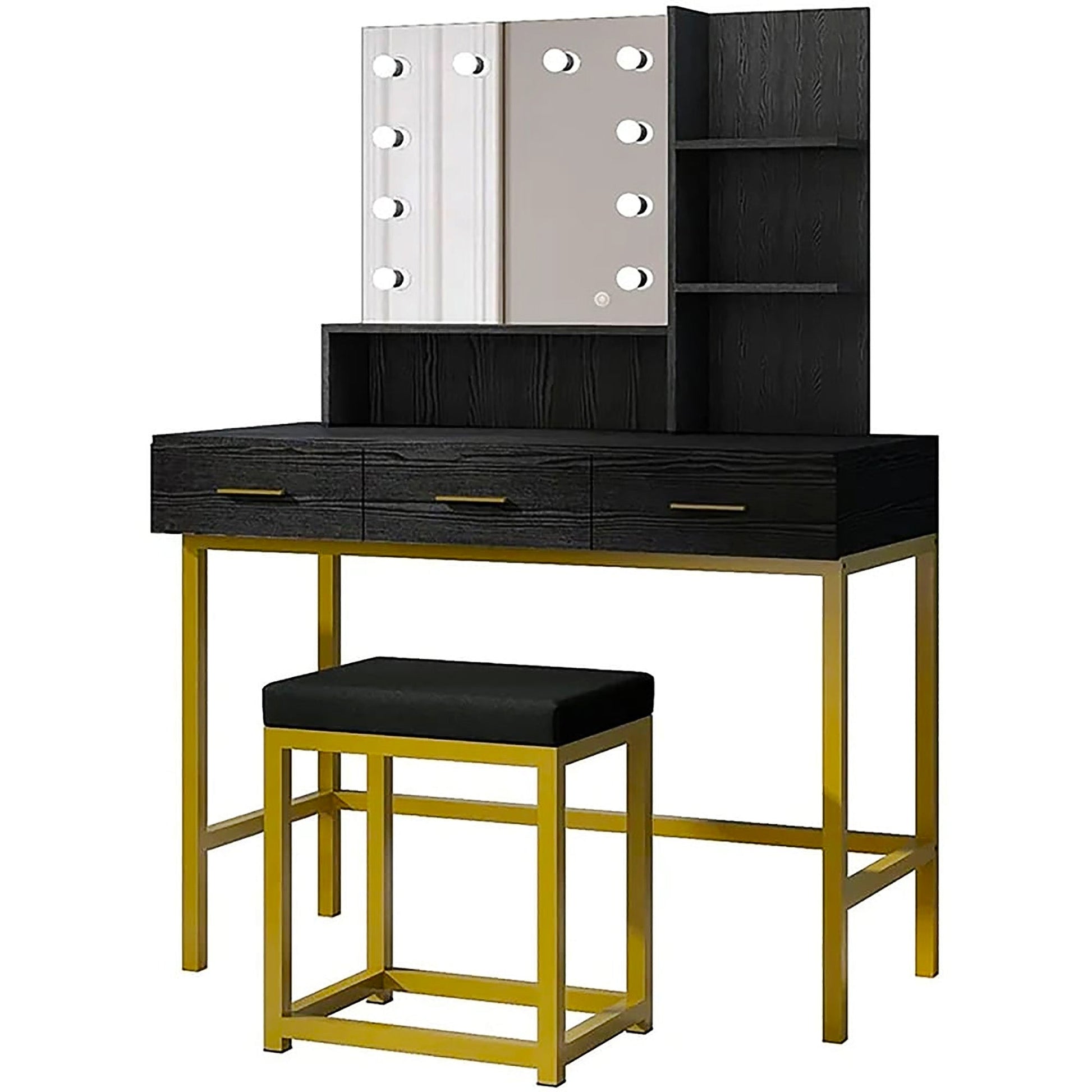Dresser For Women Black Vanity & Stool Set with LED Lights and Mirror Wide F434 - Lusy Store