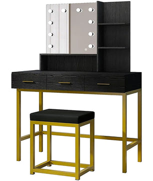 Dresser For Women Black Vanity & Stool Set with LED Lights and Mirror Wide F434 - Lusy Store