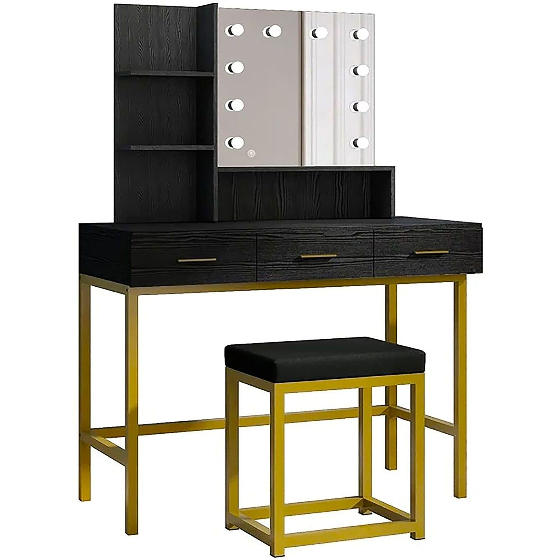Dresser For Women Black Vanity & Stool Set with LED Lights and Mirror Wide F434 - Lusy Store