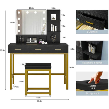 Dresser For Women Black Vanity & Stool Set with LED Lights and Mirror Wide F434 - Lusy Store