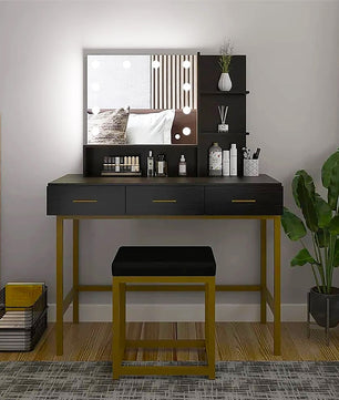 Dresser For Women Black Vanity & Stool Set with LED Lights and Mirror Wide F434 - Lusy Store