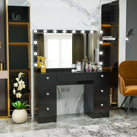 Dresser For Women Modern Vanity Desk With Large Mirror And Multiple Drawers F431 Black
