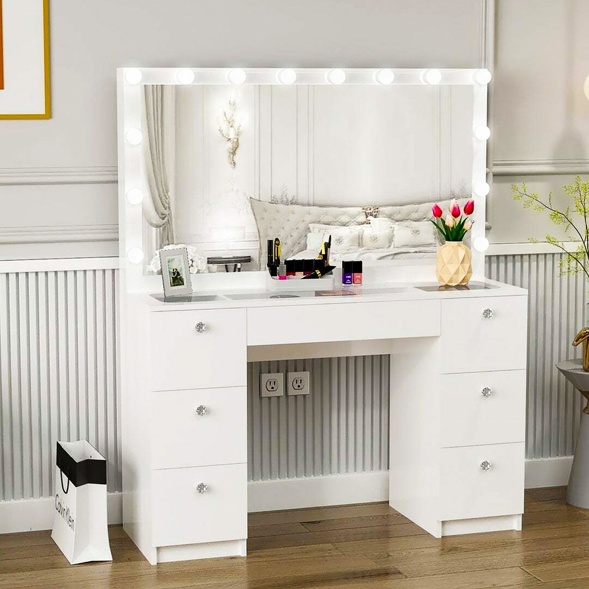 Dresser For Women Modern Vanity Desk With Large Mirror And Multiple Drawers F431 - Lusy Store