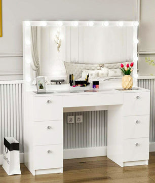 Dresser For Women Modern Vanity Desk With Large Mirror And Multiple Drawers F431 - Lusy Store