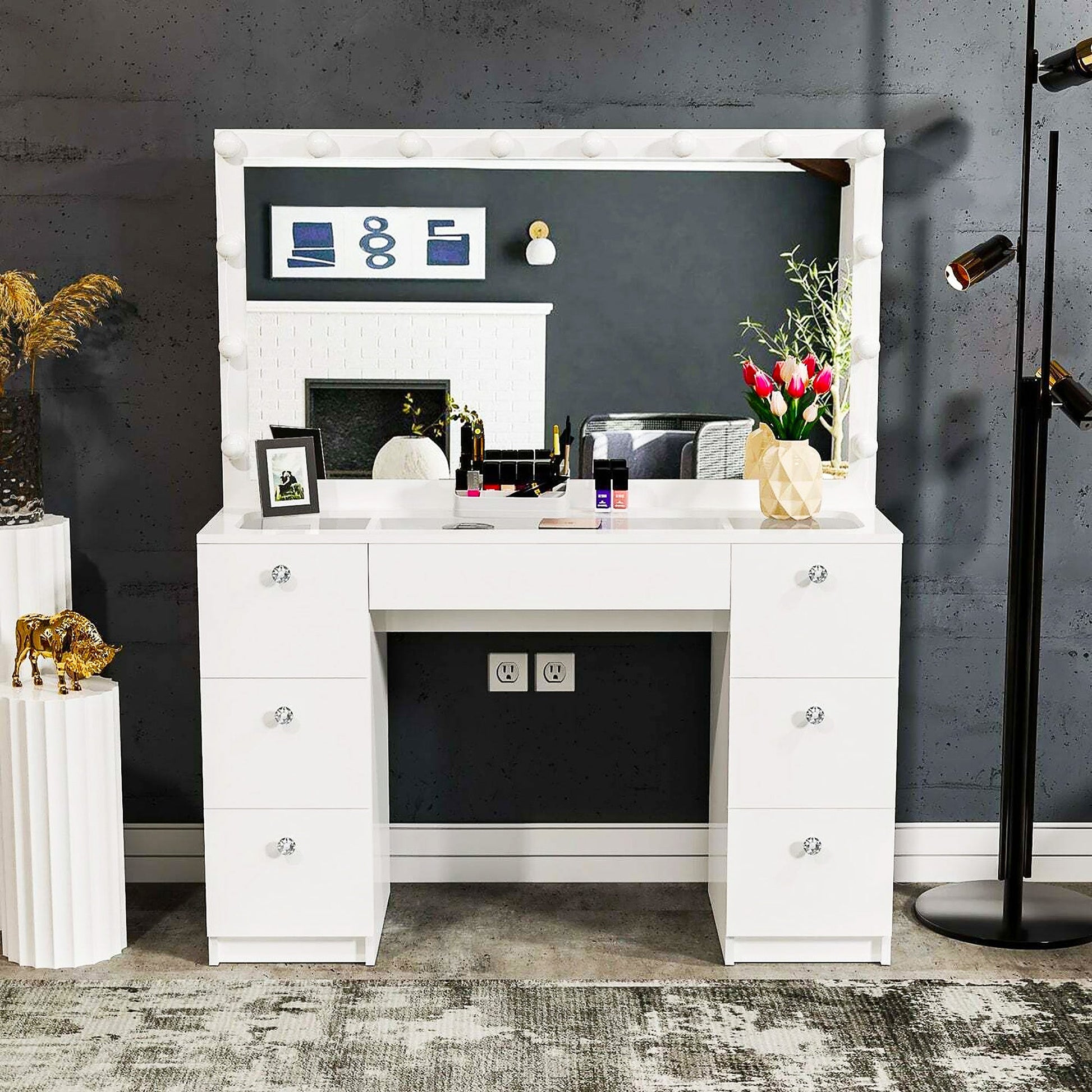 Dresser For Women Modern Vanity Desk With Large Mirror And Multiple Drawers F431 - Lusy Store